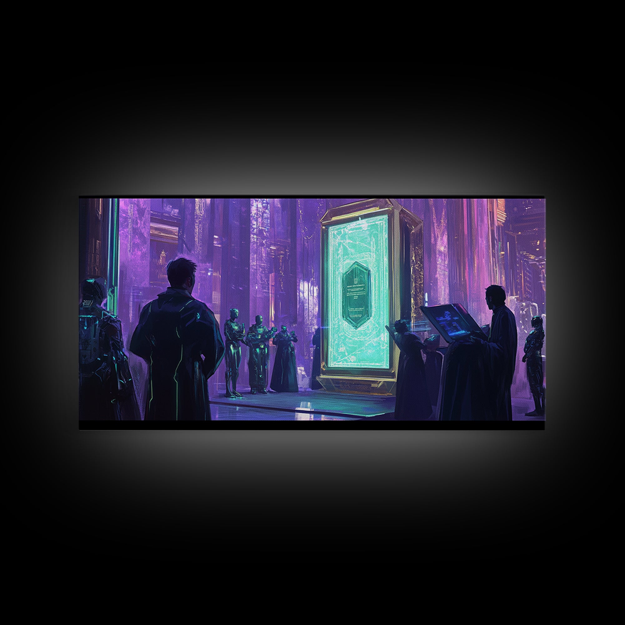 Purple Futuristic Monolith Ceremony Canvas Print, Cyberpunk Wall Art, Sci Fi Decor, Modern Office Art, Statement Artwork Gift