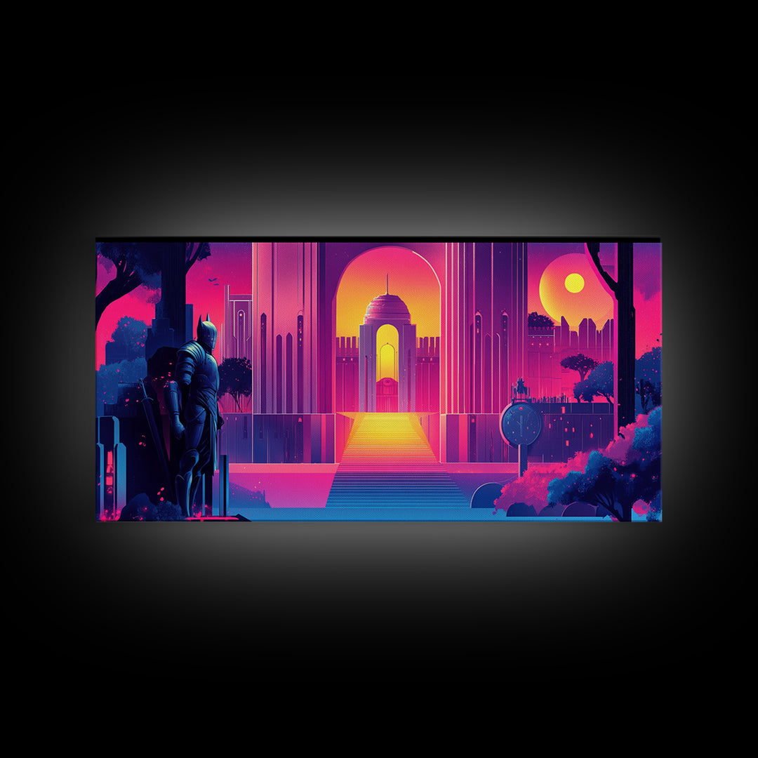 Neon Magenta Palace Guardian Canvas Print, Retro Futuristic Wall Art, Cyberpunk Decor, Gaming Room Art, Modern Gift For Him