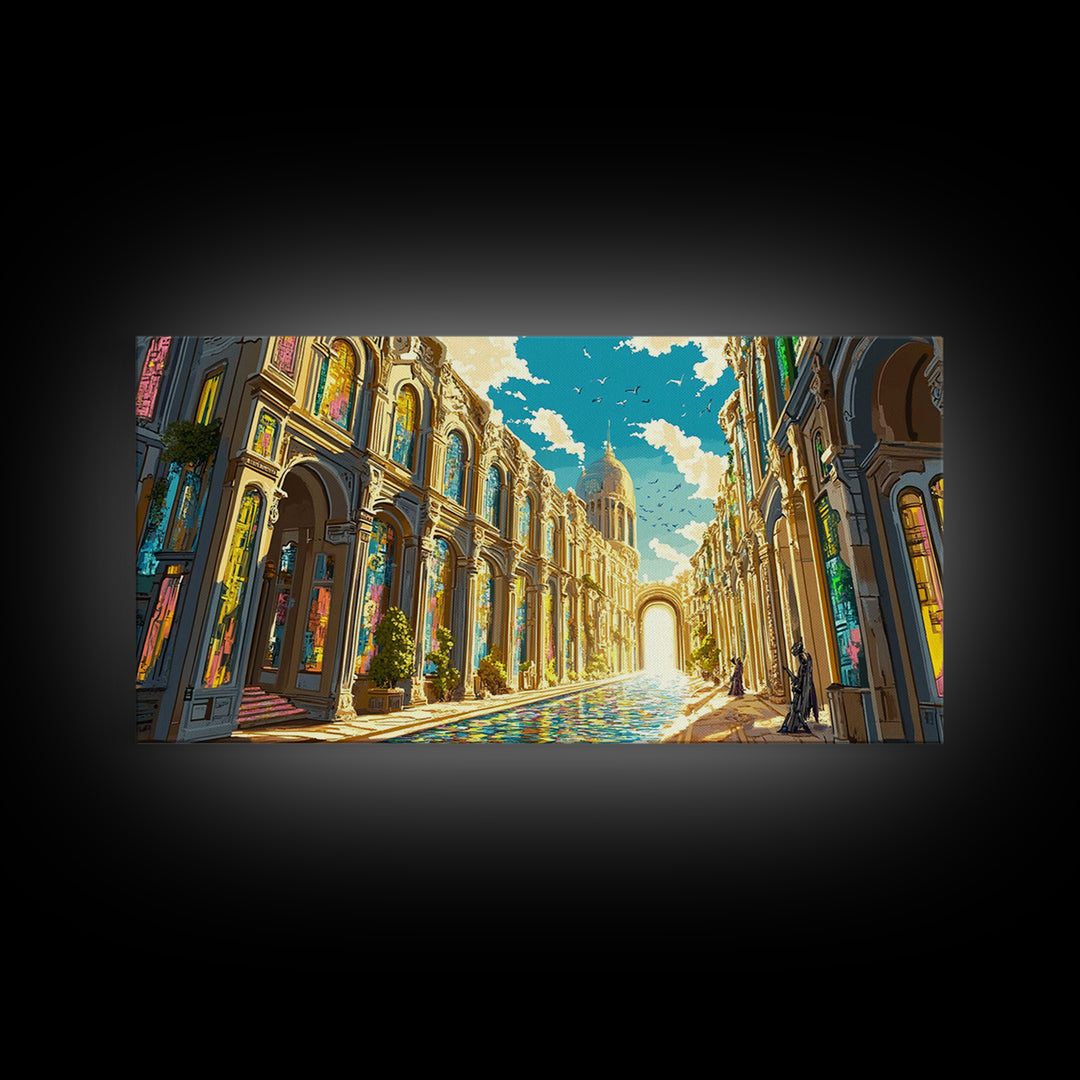 Ornate Sunlit Palace Canal Framed Canvas Print, European Wall Art, Fantasy Architecture Art, Living Room Decor, Large Wall Art