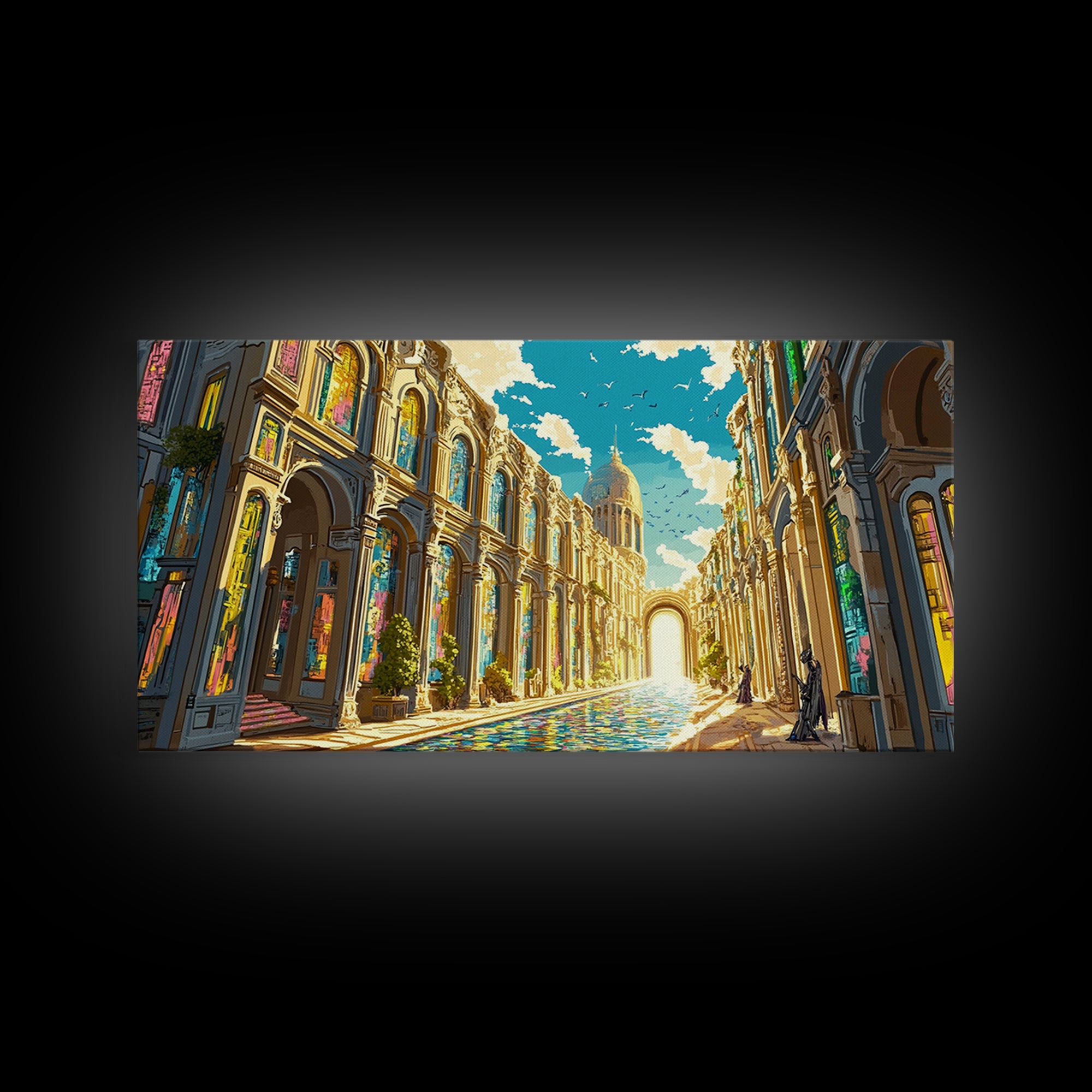 Ornate Sunlit Palace Canal Framed Canvas Print, European Wall Art, Fantasy Architecture Art, Living Room Decor, Large Wall Art
