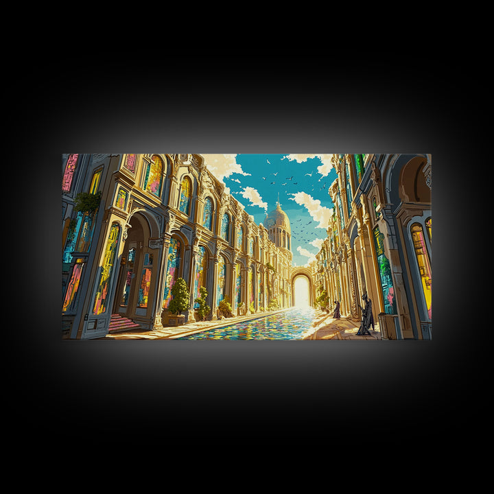 Ornate Sunlit Palace Canal Framed Canvas Print, European Wall Art, Fantasy Architecture Art, Living Room Decor, Large Wall Art