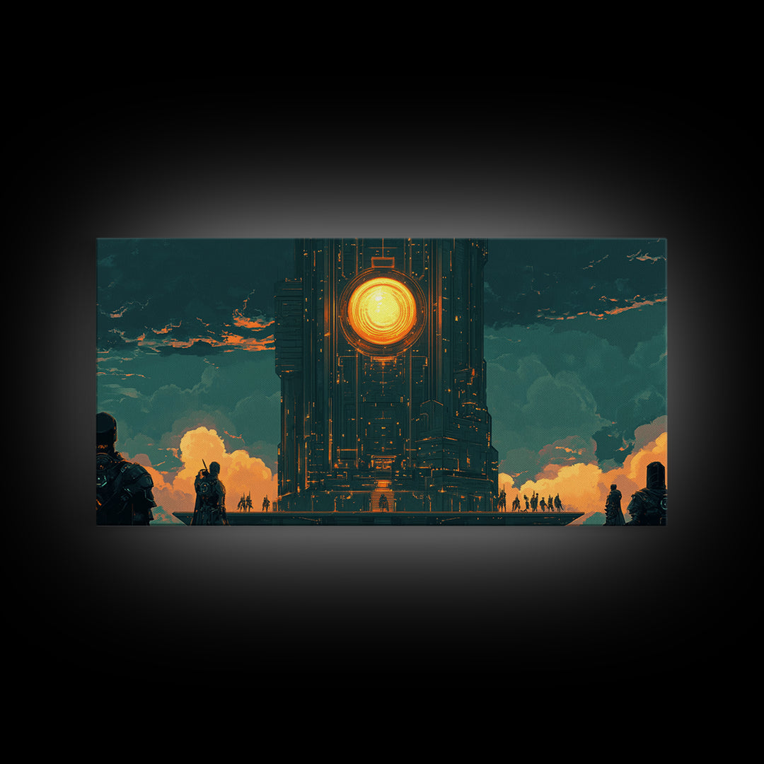 Dark Monolithic Sun Portal Framed Canvas Print, Sci Fi Wall Art, Futuristic Decor, Moody Office Art, Masculine Wall Decor