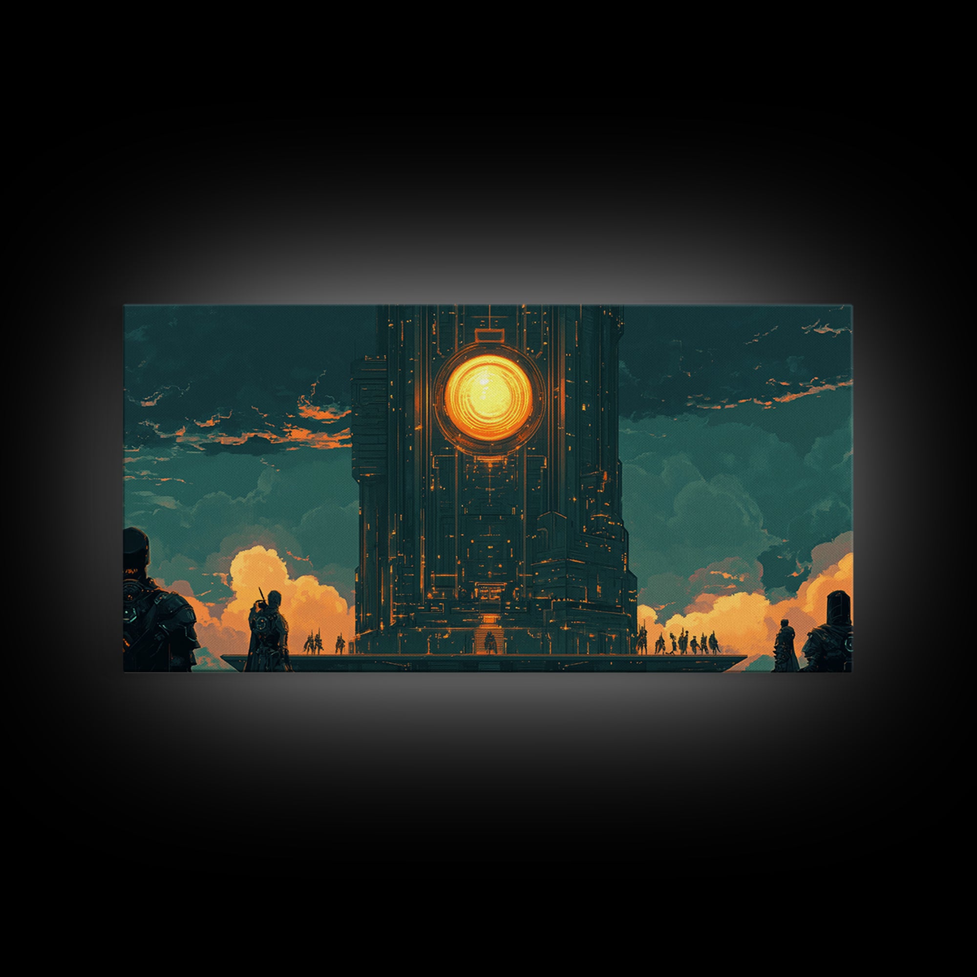 Dark Monolithic Sun Portal Framed Canvas Print, Sci Fi Wall Art, Futuristic Decor, Moody Office Art, Masculine Wall Decor