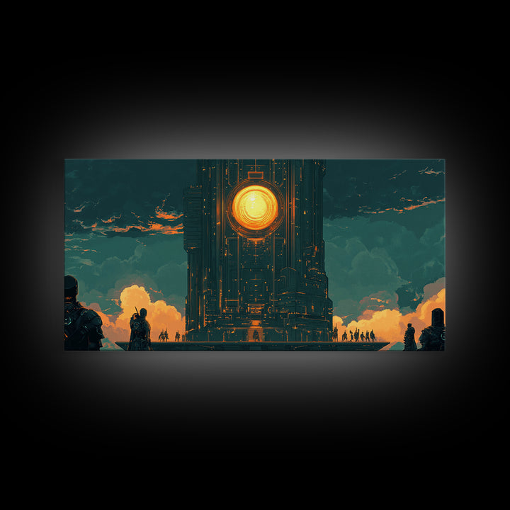 Dark Monolithic Sun Portal Framed Canvas Print, Sci Fi Wall Art, Futuristic Decor, Moody Office Art, Masculine Wall Decor
