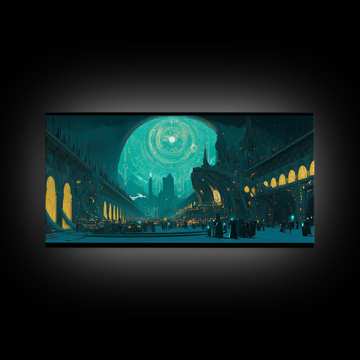 Teal Gothic Moonlit City Canvas Print, Sci Fi Wall Art, Celestial Decor, Futuristic Living Room Decor, Statement Artwork Gift