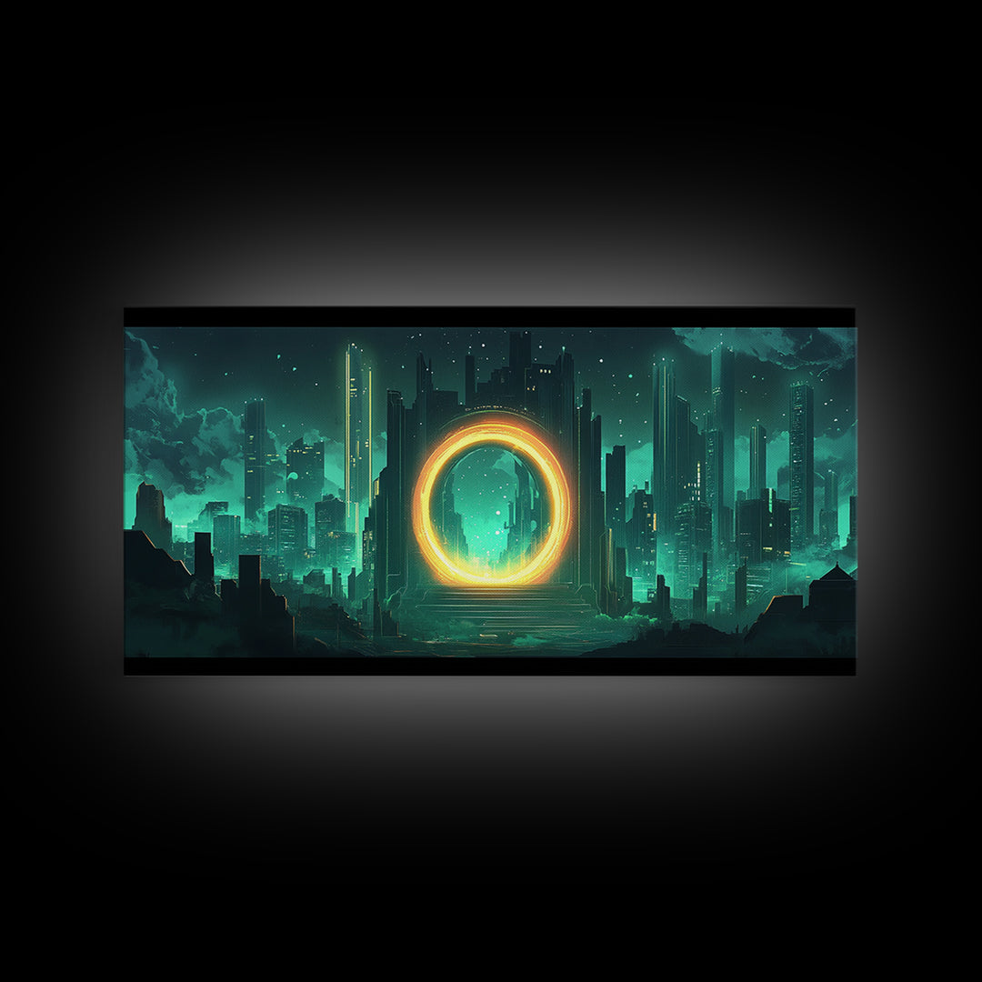Emerald Futuristic City Ring Portal Canvas Print, Sci Fi Wall Art, Cyberpunk Decor, Modern Office Decor, Statement Gift For Him