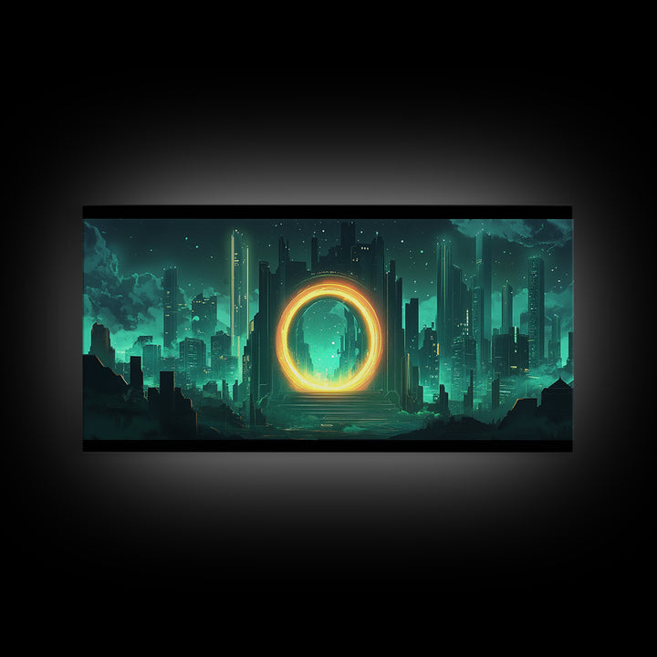 Emerald Futuristic City Ring Portal Canvas Print, Sci Fi Wall Art, Cyberpunk Decor, Modern Office Decor, Statement Gift For Him
