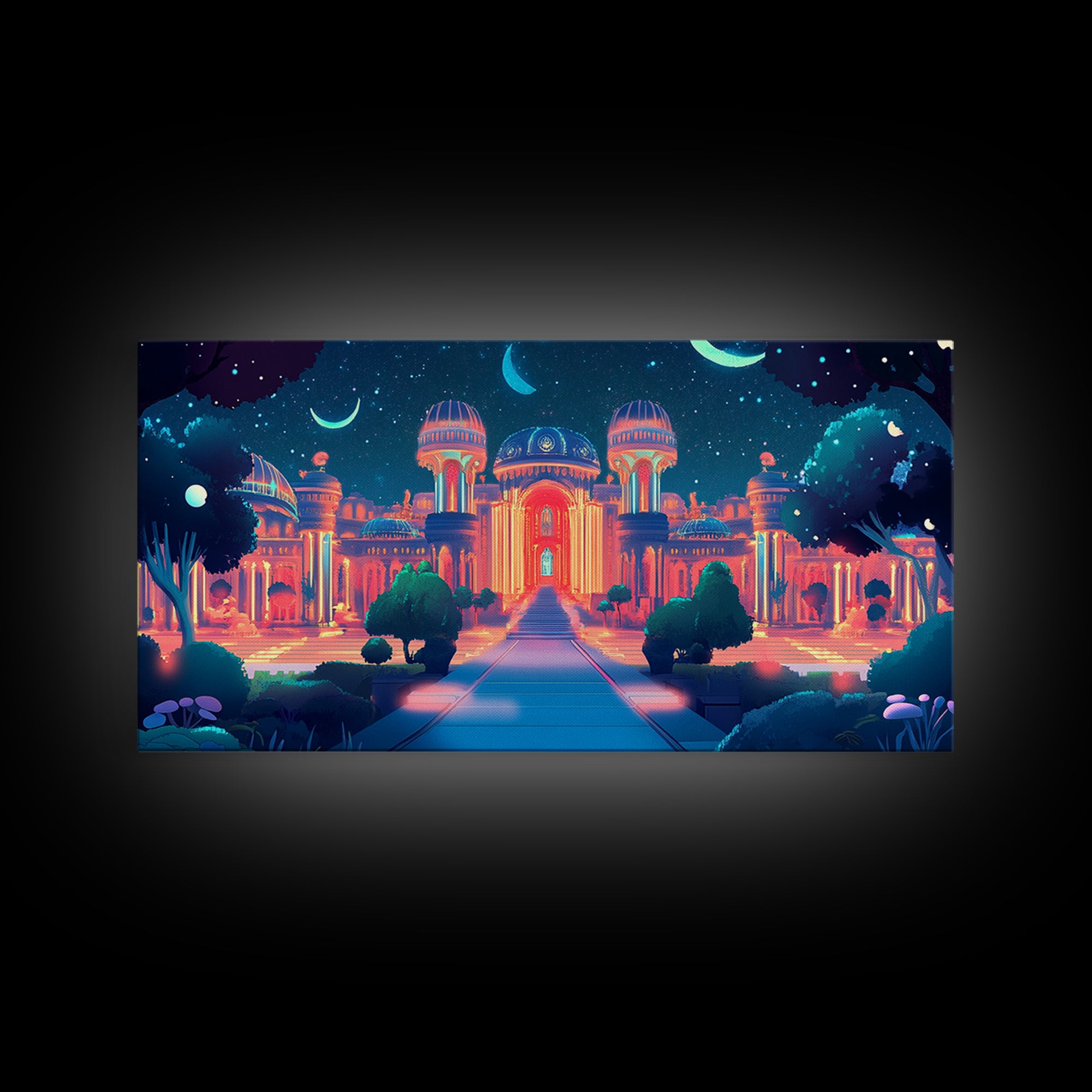 Neon Celestial Palace Under Crescent Moons Wall Art, Fantasy City Canvas Print, Maximalist Decor, Bedroom Wall Decor Gift