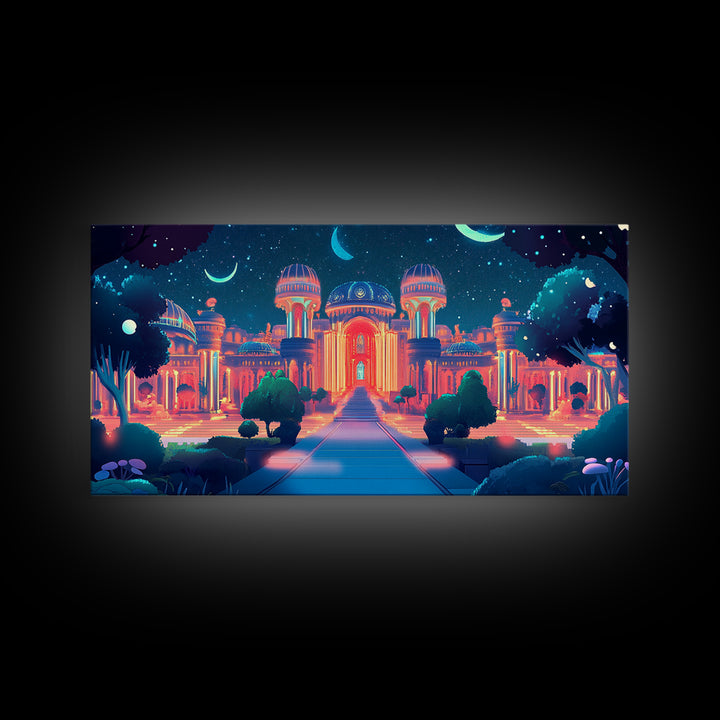 Neon Celestial Palace Under Crescent Moons Wall Art, Fantasy City Canvas Print, Maximalist Decor, Bedroom Wall Decor Gift