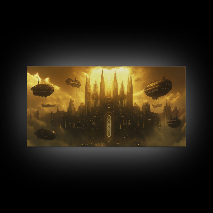 Dark Golden Sky Cathedral With Airships Wall Art, Gothic Fantasy Canvas Print, Moody Office Decor, Steampunk Home Decor Gift