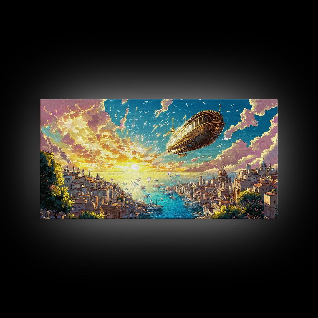 Sunset Harbor City With Golden Airship Wall Art, Mediterranean Canvas Print, Travel Poster, Coastal Living Room Decor Gift