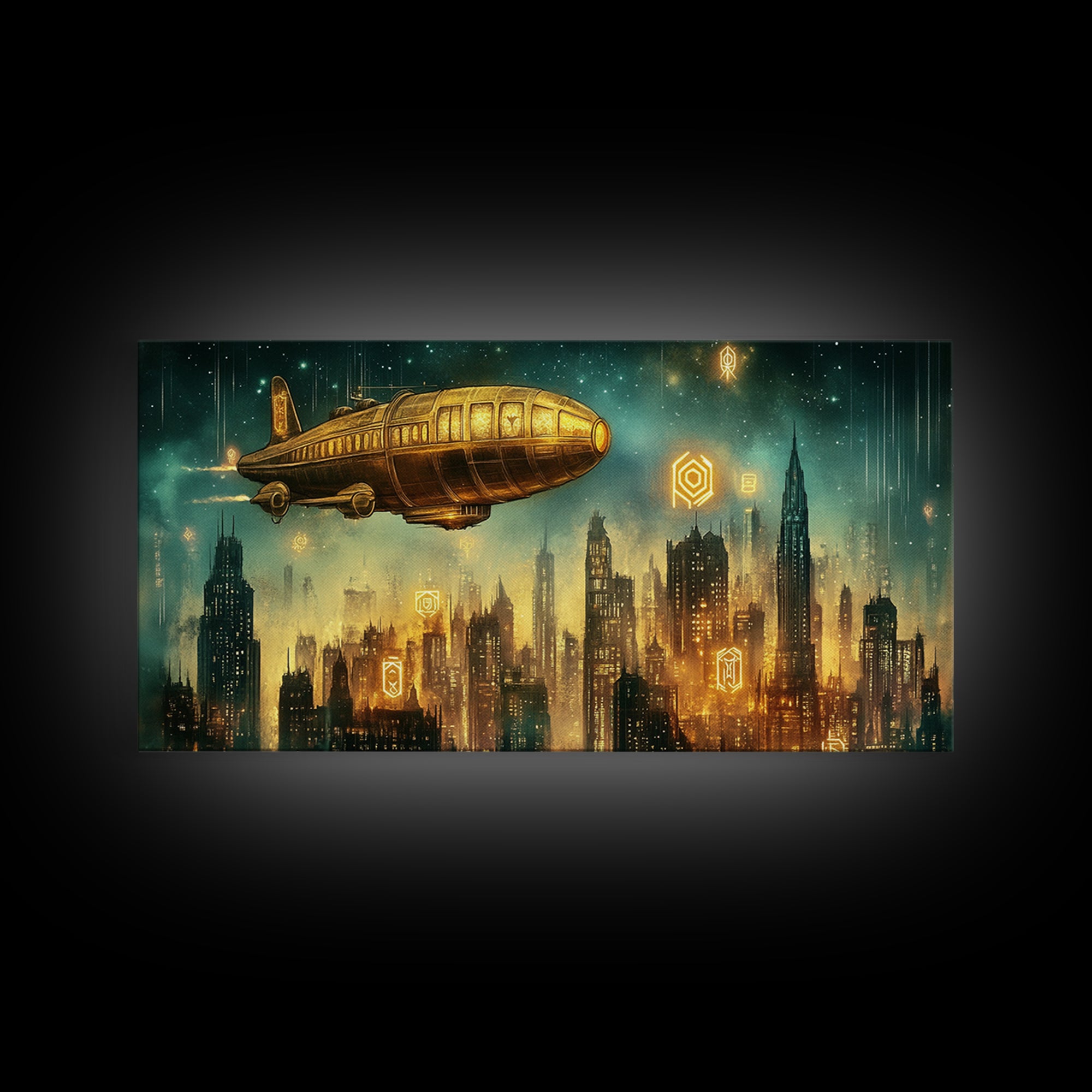 Golden Retro Airship Above Futuristic City Wall Art, Sci Fi Canvas Print, Cyberpunk Decor, Modern Office Wall Art Gift For Him