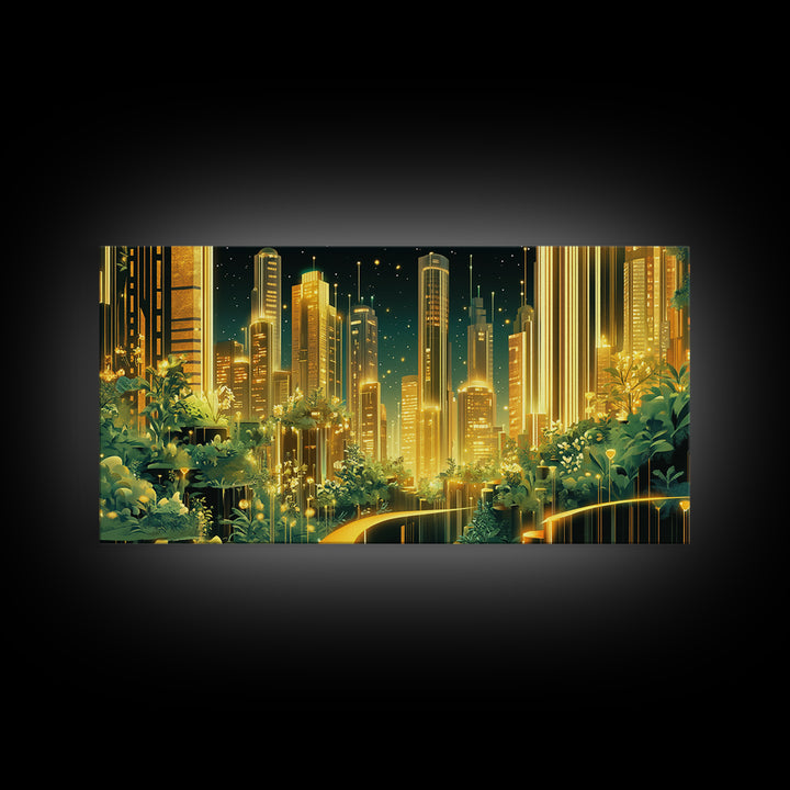 Luminous Garden Skyline In Golden Futuristic City Wall Art, Modern Canvas Print, Green Wall Decor, Home Office Decor Gift