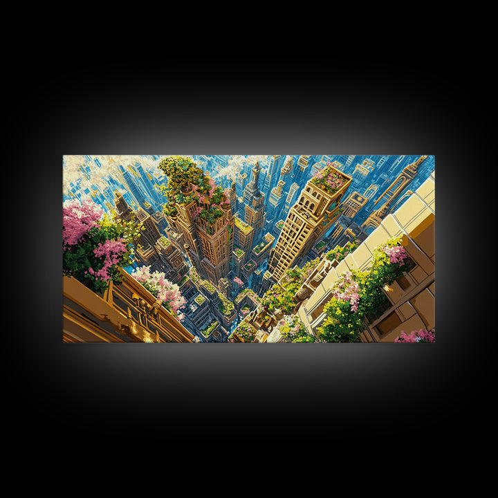 Aerial Skyscraper Gardens And Flowered Balconies Wall Art, Modern City Canvas Print, Urban Home Decor, Large Wall Art Gift