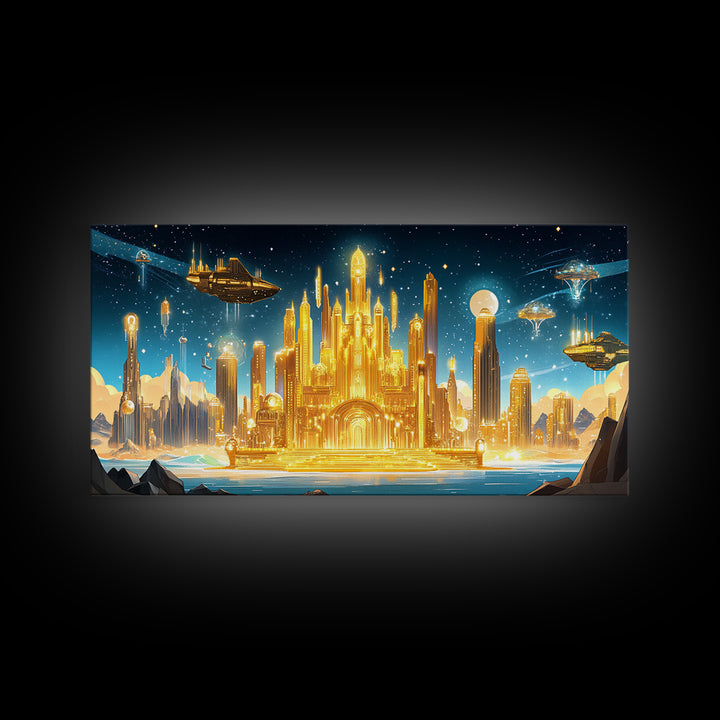 Radiant Golden Sci Fi Citadel Beneath Moonlit Sky Wall Art, Futuristic Canvas Print, Space Decor, Statement Wall Art Gift