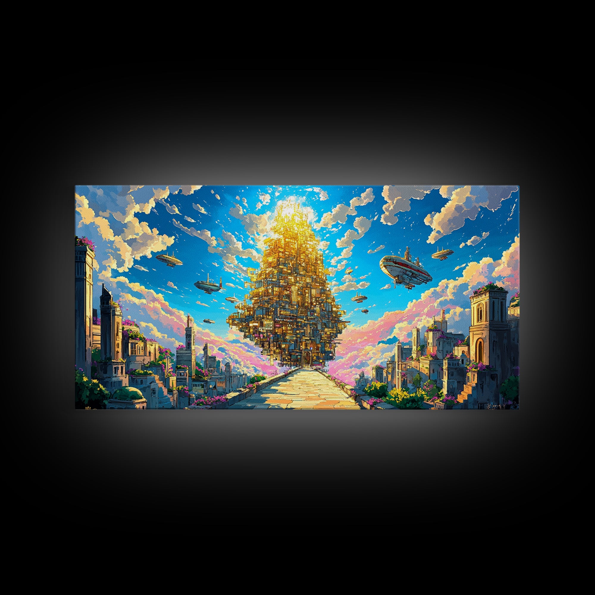 Floating Golden Pyramid City Above Ancient Ruins Wall Art, Fantasy Canvas Print, Surreal Landscape Art, Large Wall Decor