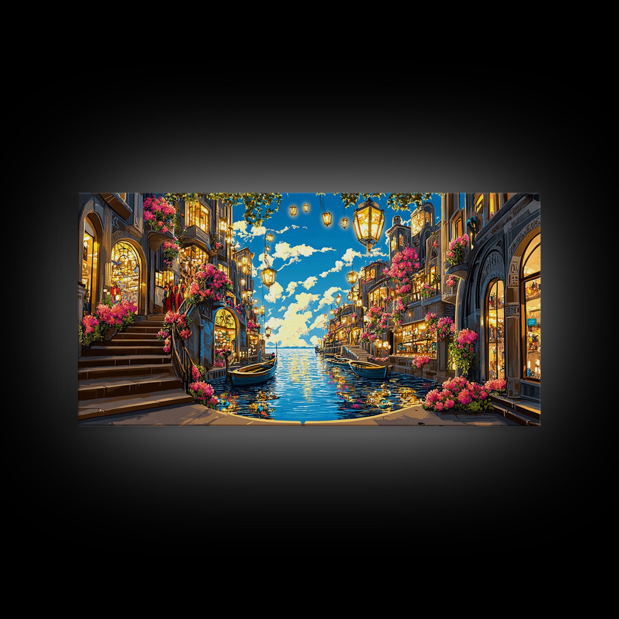 Flower Lined Canal Street With Lanterns Wall Art, Mediterranean Canvas Print, Coastal City Decor, Living Room Wall Art Gift