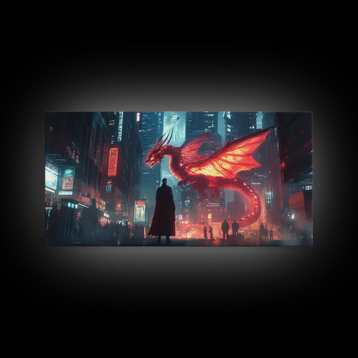 Neon Cyberpunk Dragon City Wall Art, Futuristic Sci Fi Fantasy Poster, Gaming Room Decor, Dystopian Urban Canvas Print Gift