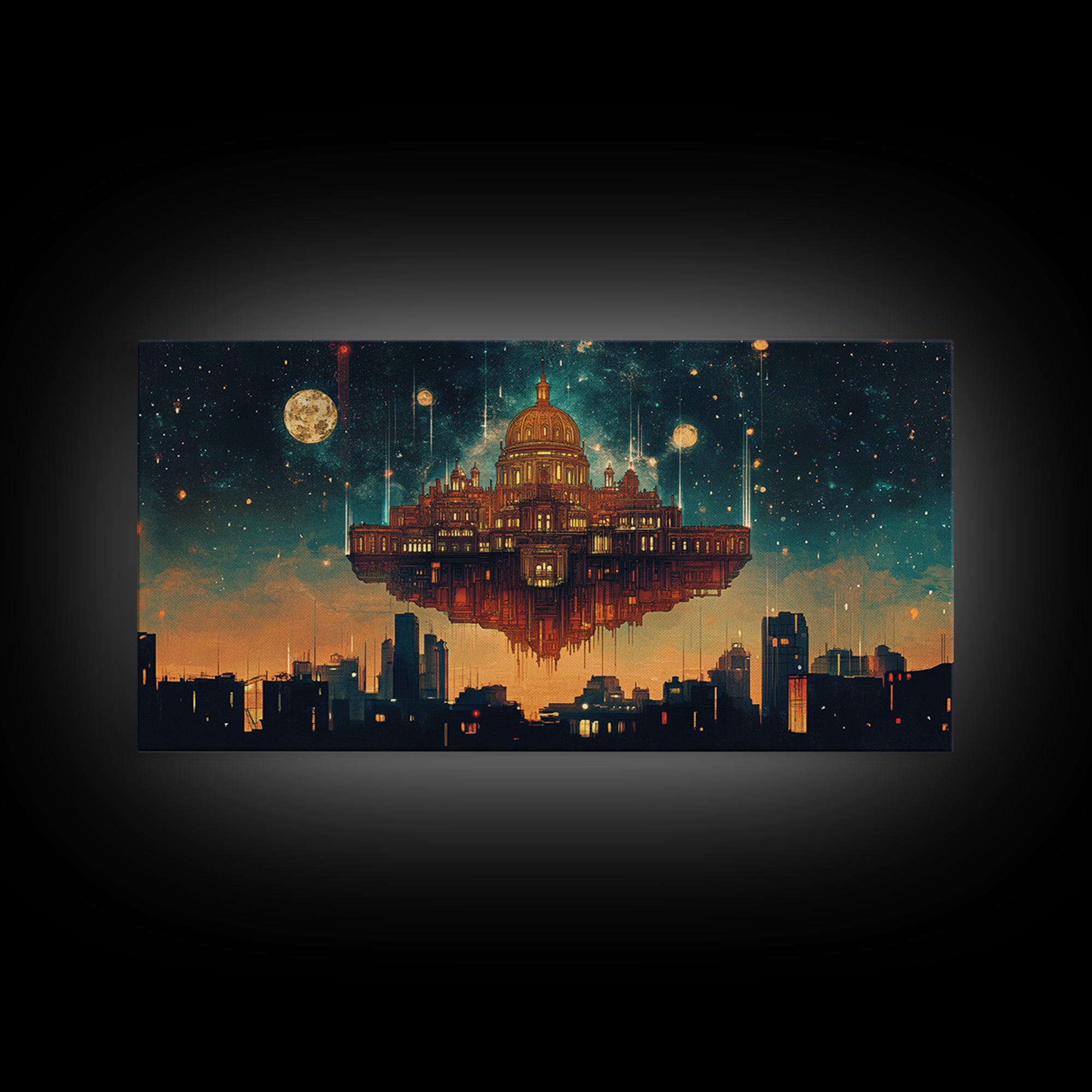 Floating Celestial Palace Wall Art, Starry Futuristic Cityscape, Surreal Architecture Framed Canvas Print, Office Decor Gift