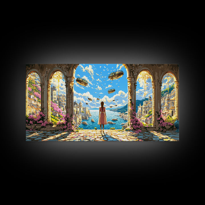 Arched Seaside Portal With Airships Framed Canvas Print, Fantasy Coastal Wall Art, Dreamy Travel Home Decor, Gift For Her