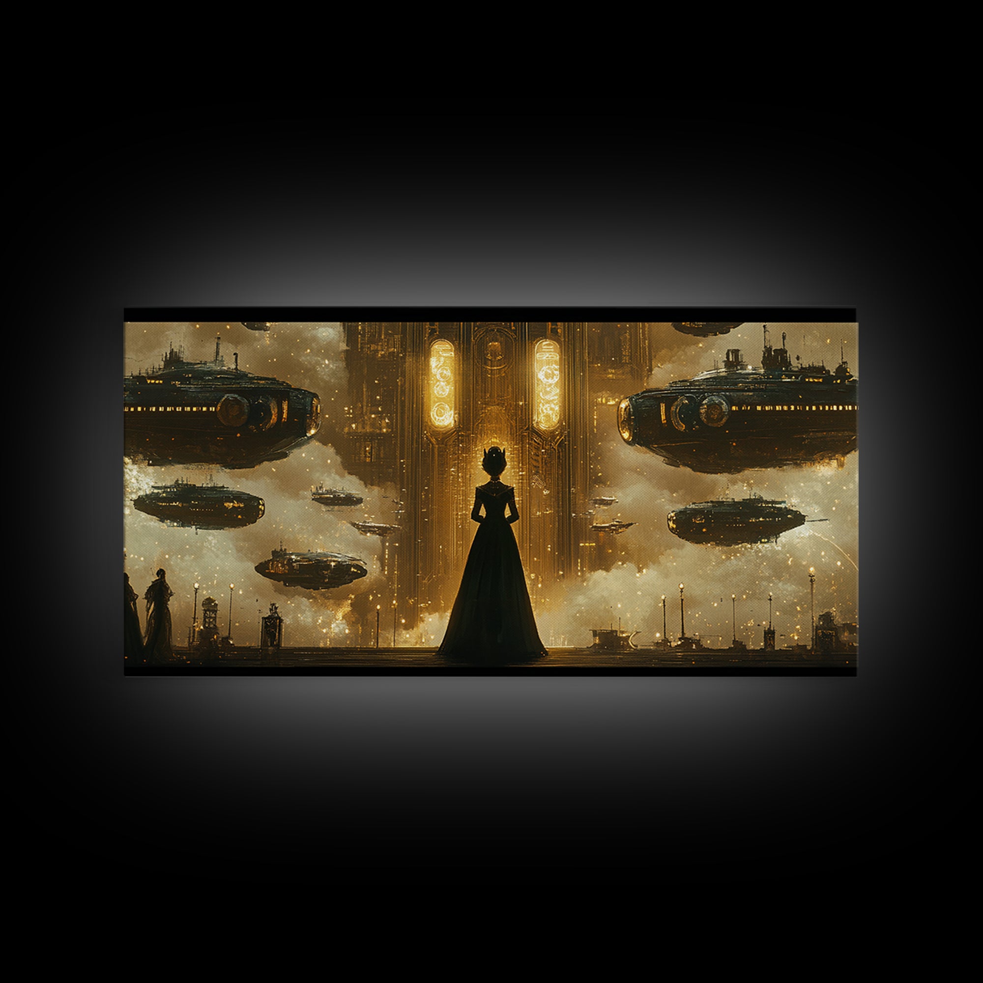 Elegant Woman And Golden Airships Wall Art, Steampunk Fantasy Framed Canvas Print, Dark Academia Decor, Sci Fi Gift For Him