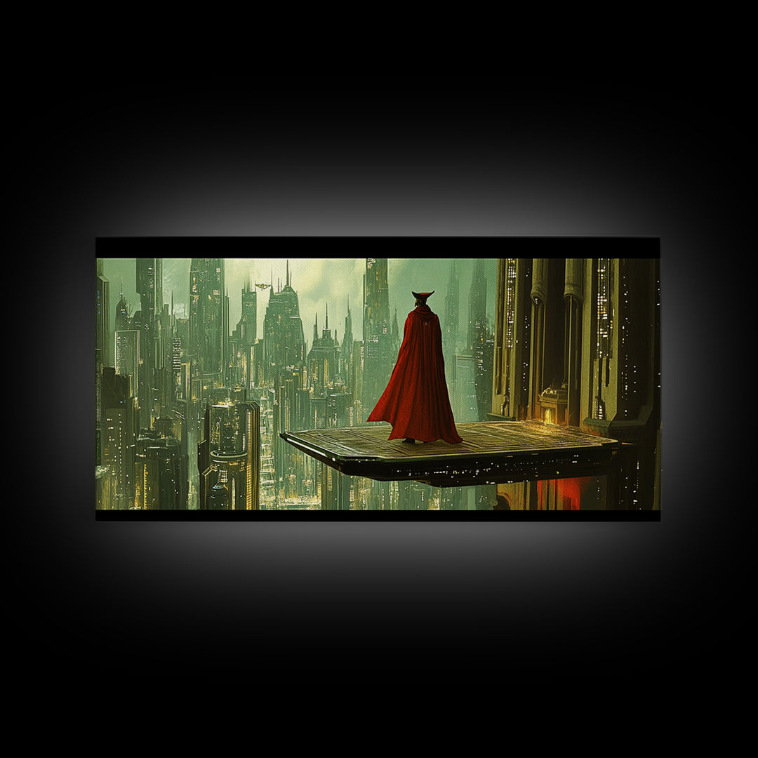 Red Cloaked Figure Above Futuristic City Wall Art, Sci Fi Fantasy Canvas Print, Dystopian Skyline, Modern Office Decor Gift
