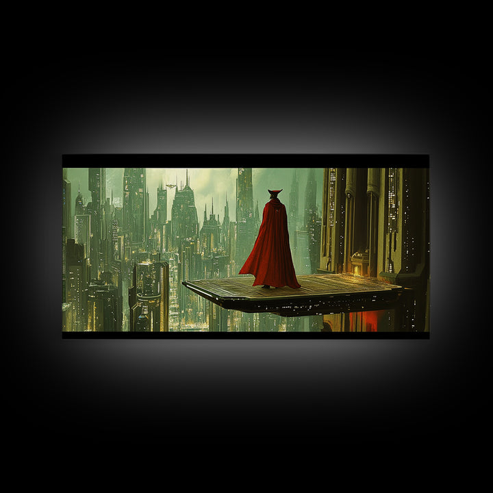Red Cloaked Figure Above Futuristic City Wall Art, Sci Fi Fantasy Canvas Print, Dystopian Skyline, Modern Office Decor Gift