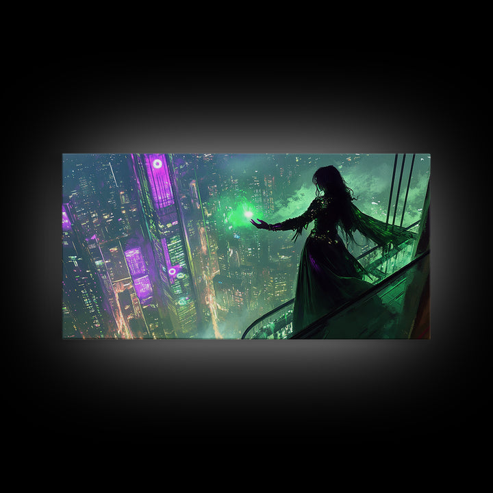 Neon Sorceress Over Cyberpunk Skyline Canvas Print, Futuristic Wall Art, Sci Fi Fantasy Decor, Unique Gaming Room Gift For Her