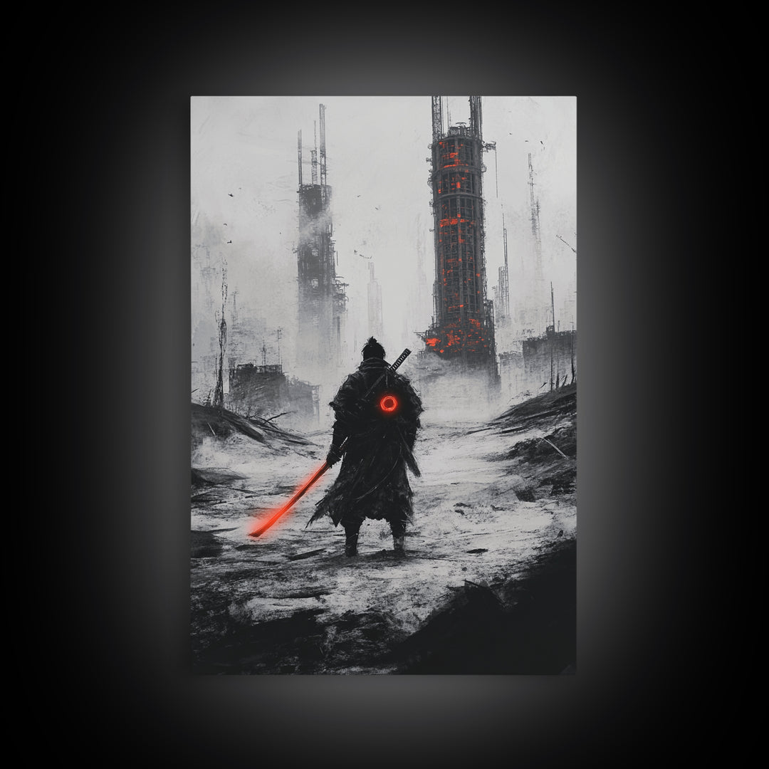 Dark Cyberpunk Warrior In Snowy Dystopian City Wall Art, Sci Fi Fantasy Poster, Futuristic Office Decor, Gamer Room Gift For Him