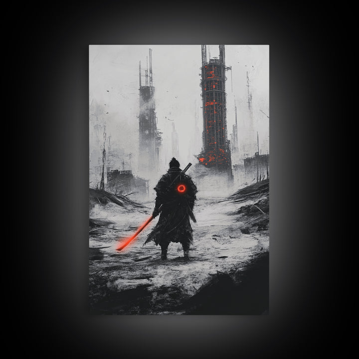Dark Cyberpunk Warrior In Snowy Dystopian City Wall Art, Sci Fi Fantasy Poster, Futuristic Office Decor, Gamer Room Gift For Him