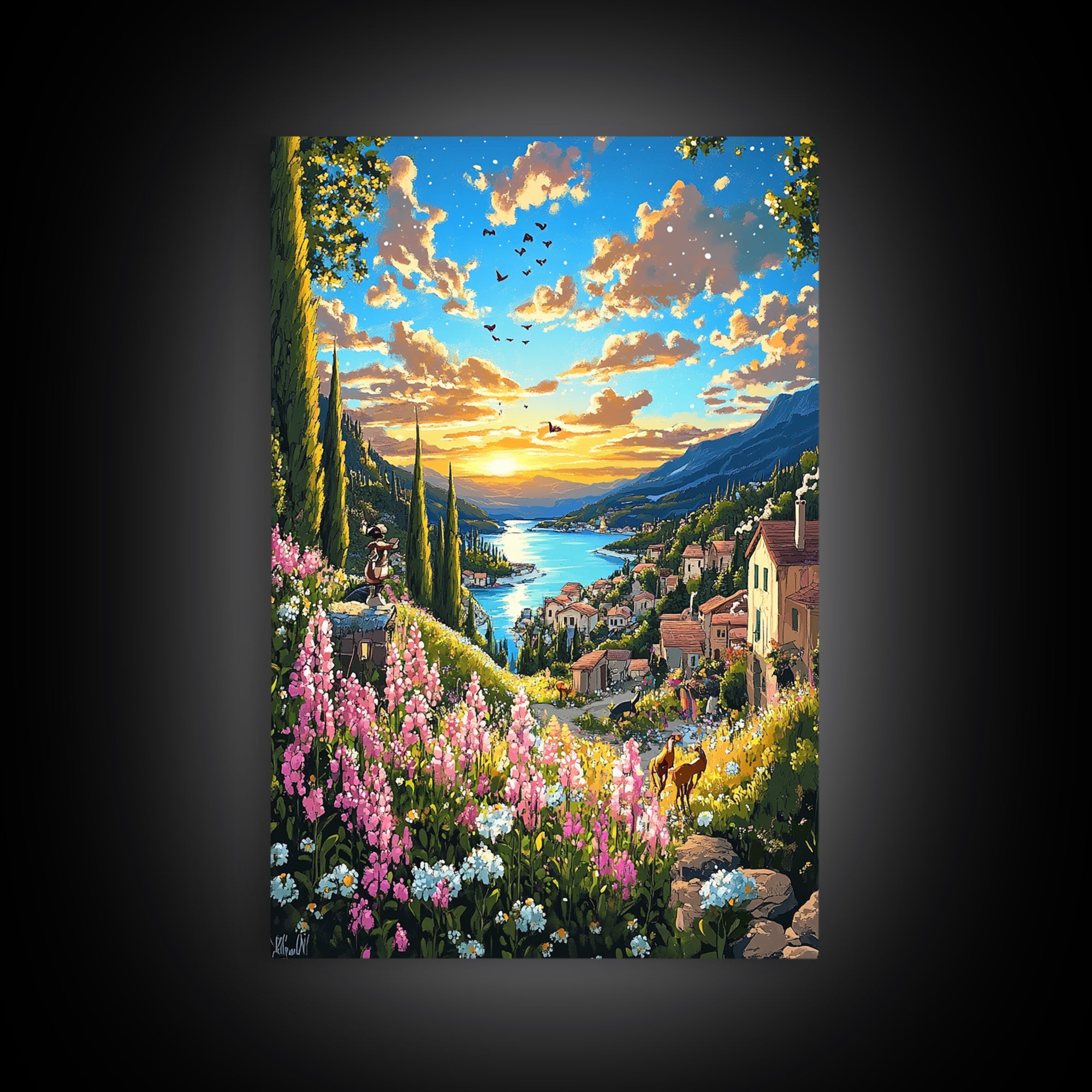 Sunset Lake Como Village With Wildflowers Canvas Print, Italian Landscape Wall Art, Mediterranean Travel Home Decor Gift For Her