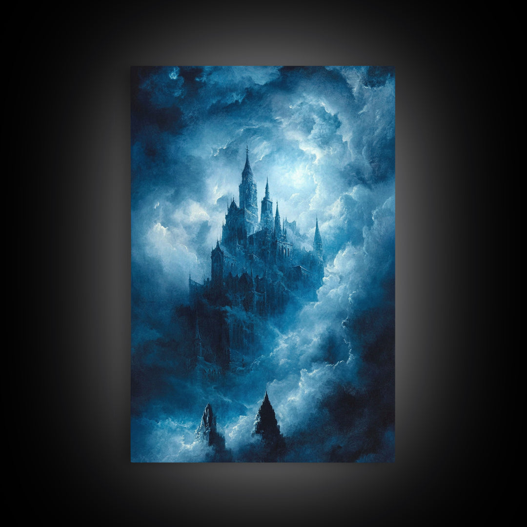 Blue Gothic Castle In Storm Clouds Framed Canvas Print, Dark Fantasy Wall Art, Moody Castle Poster For Bedroom Decor Gift