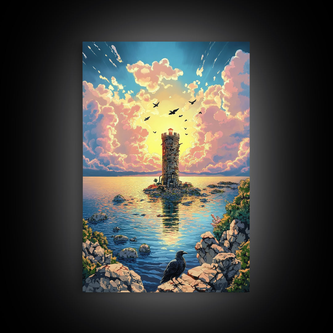Sunset Lighthouse On Calm Sea With Raven Wall Art, Coastal Fantasy Canvas Print, Ocean Landscape Poster Home Decor Gift For Her