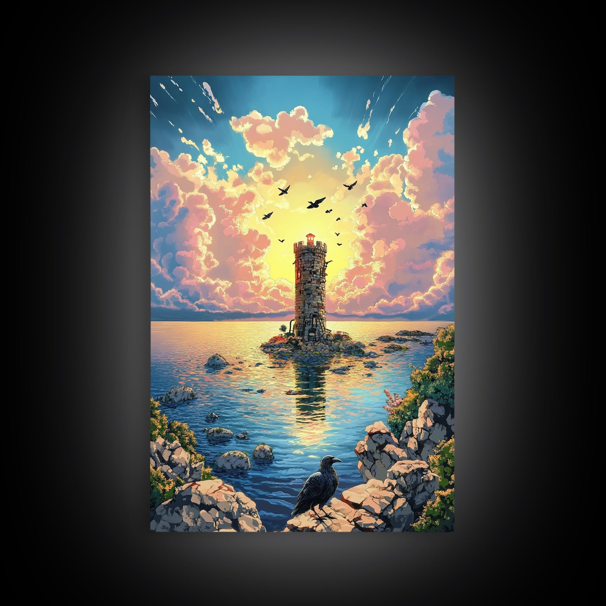 Sunset Lighthouse On Calm Sea With Raven Wall Art, Coastal Fantasy Canvas Print, Ocean Landscape Poster Home Decor Gift For Her
