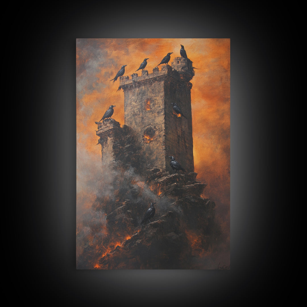 Burning Stone Tower With Black Ravens Framed Canvas Print, Gothic Dark Fantasy Wall Art, Moody Raven Castle Decor Gift For Him