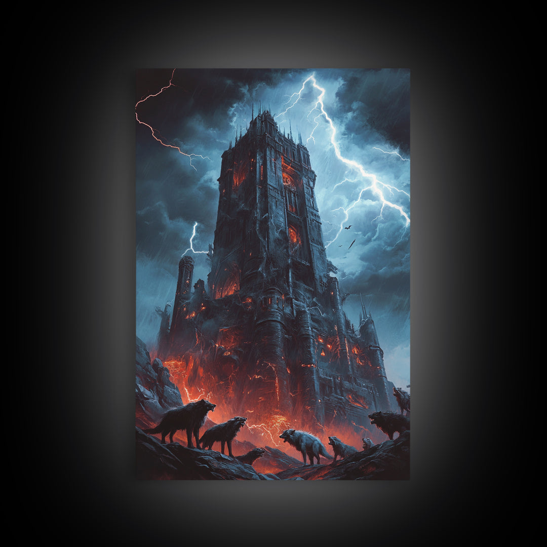 Fiery Gothic Fortress With Lightning And Wolves Wall Art, Dark Fantasy Framed Canvas Print, Horror Castle Decor Gift For Him