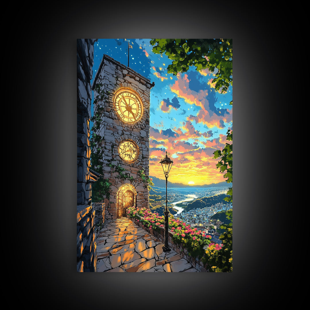 Glowing Clock Tower Over Coastal Village Canvas Print, Mediterranean Landscape Wall Art, Italy Travel Poster Home Decor Gift