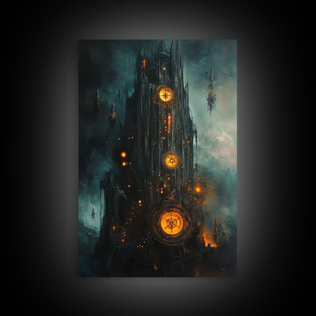 Dark Clockwork Gothic Tower With Glowing Gears Wall Art, Steampunk Fantasy Canvas Print, Moody Industrial Decor Gift For Him