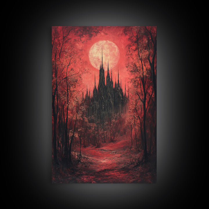 Red Moon Gothic Castle In Dark Forest Wall Art, Romantic Gothic Framed Canvas Print, Moody Halloween Bedroom Decor Gift For Her