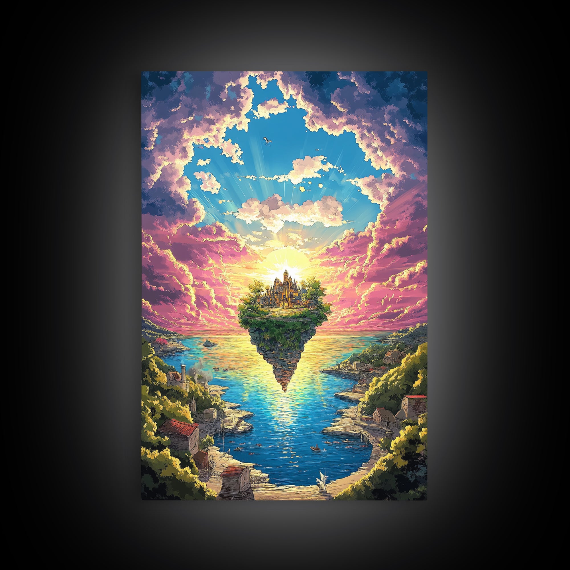Floating Island Castle At Sunrise, Fantasy Canvas Print, Coastal Landscape Wall Decor, Whimsical Living Room Art Gift Idea