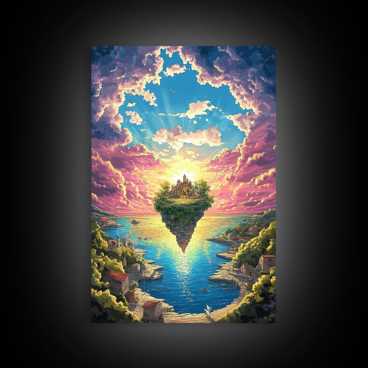 Floating Island Castle At Sunrise, Fantasy Canvas Print, Coastal Landscape Wall Decor, Whimsical Living Room Art Gift Idea
