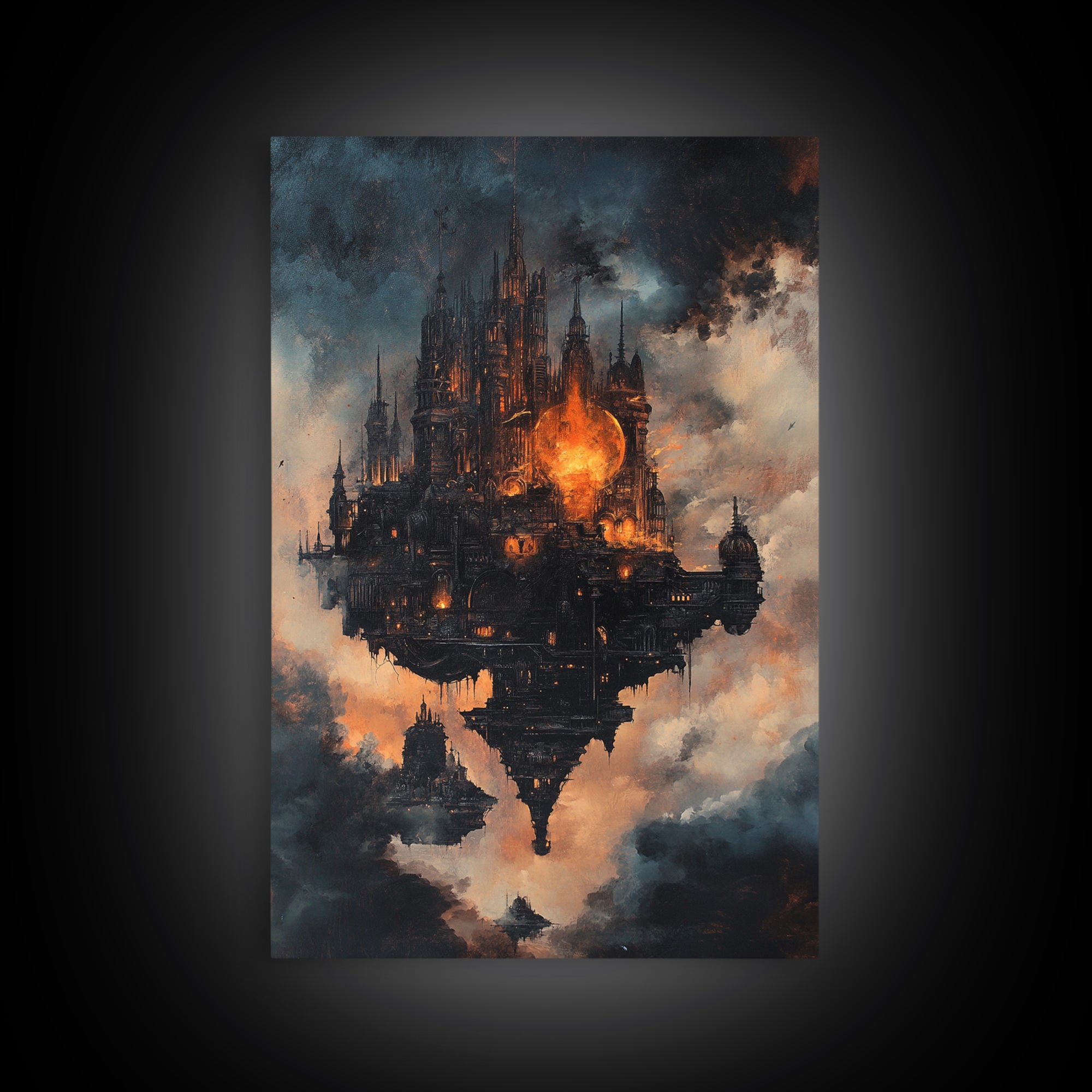 Dark Floating Gothic Castle, Fantasy Framed Canvas Print, Moody Cloudscape Wall Art, Dark Academia Home Decor Gift For Him