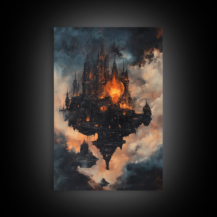 Dark Floating Gothic Castle, Fantasy Framed Canvas Print, Moody Cloudscape Wall Art, Dark Academia Home Decor Gift For Him