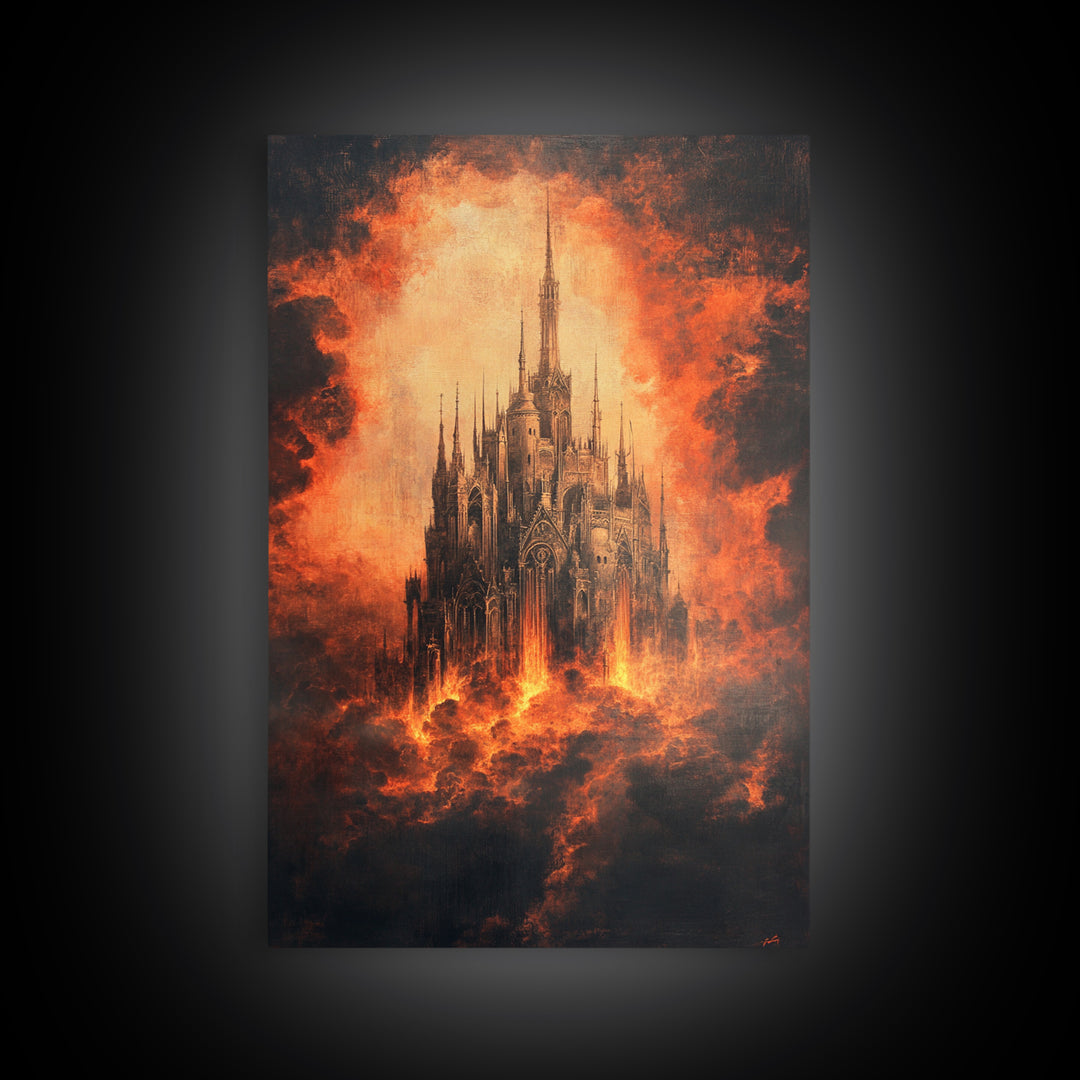 Fiery Gothic Cathedral In Storm Clouds, Dark Fantasy Canvas Print, Moody Wall Art, Gothic Dark Academia Home Decor Gift For Him