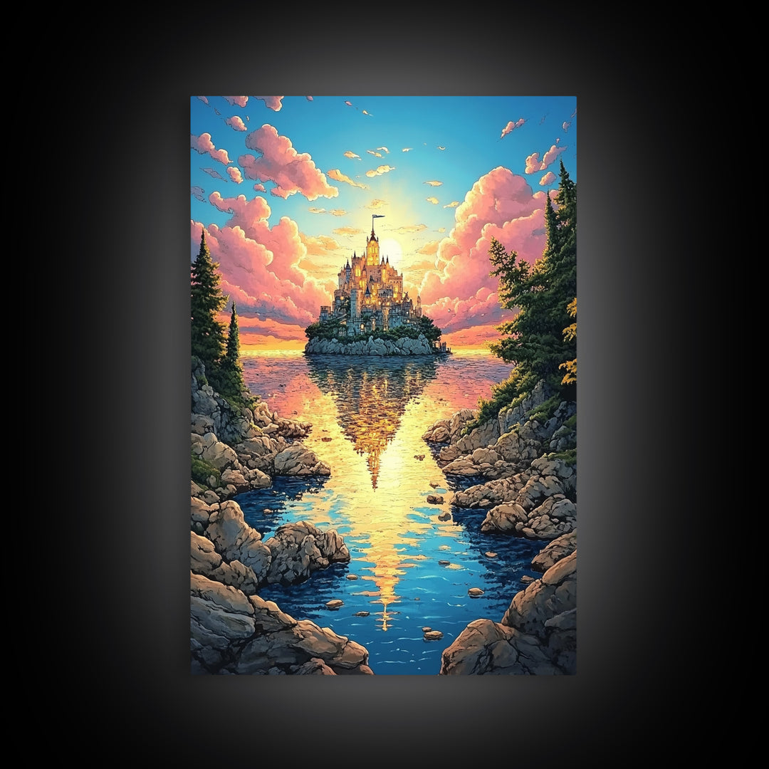 Island Castle Reflected In Cove, Fantasy Wall Art, Colorful Coastal Landscape Canvas Print, Whimsical Home Decor Gift Idea