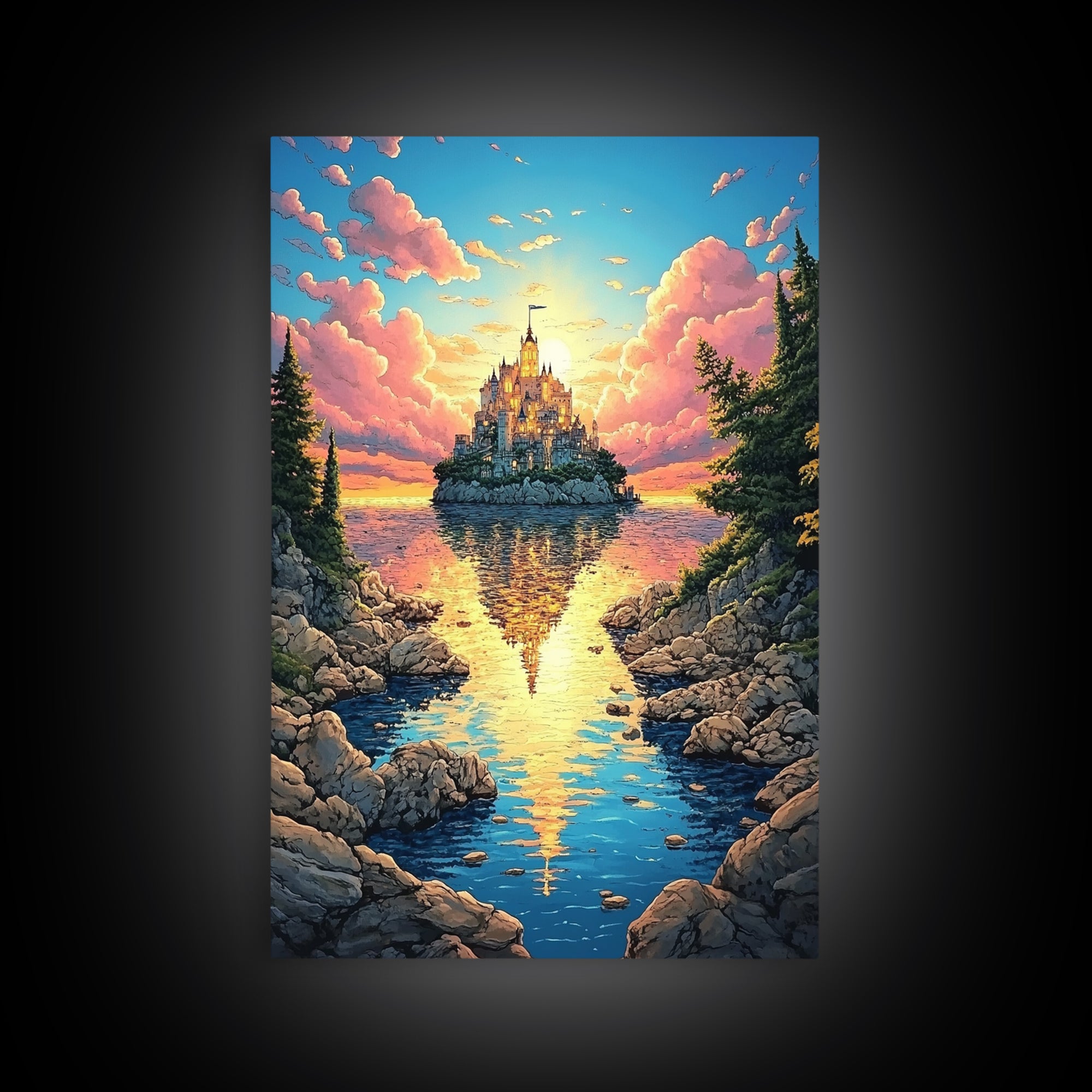 Island Castle Reflected In Cove, Fantasy Wall Art, Colorful Coastal Landscape Canvas Print, Whimsical Home Decor Gift Idea