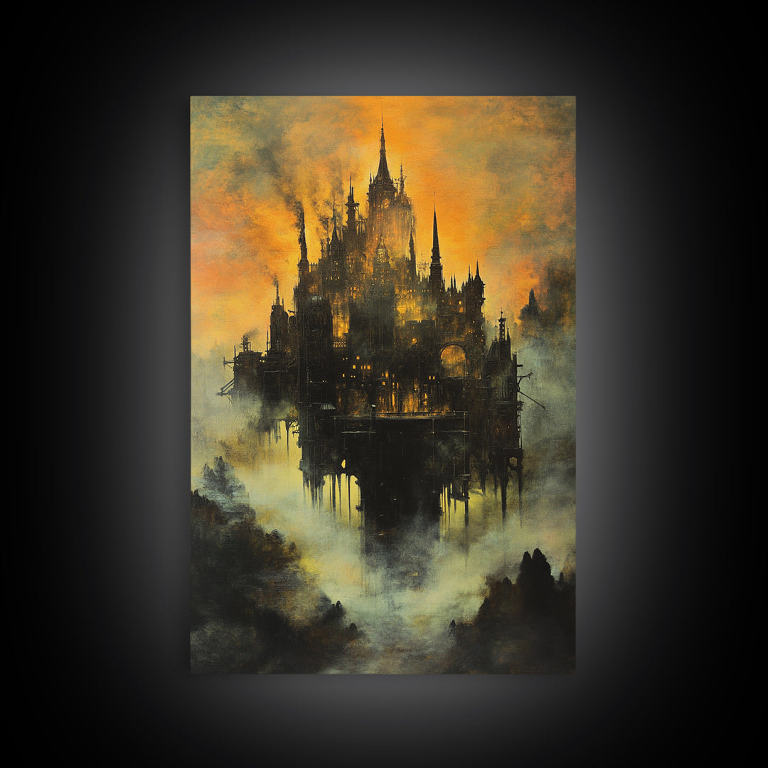 Moody Castle In Golden Mist, Dark Fantasy Framed Canvas Print, Gothic Wall Art, Dark Academia Living Room Decor Gift For Him