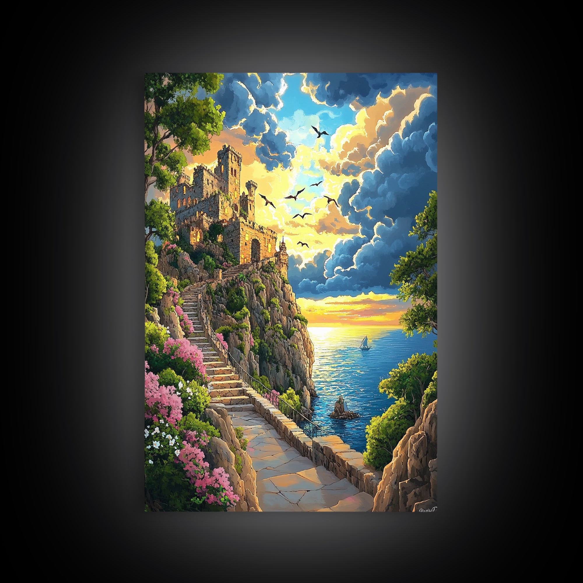 Seaside Ruins Stairway At Sunset, Coastal Wall Art, Castle Landscape Canvas Print, Whimsical Mediterranean Home Decor Gift