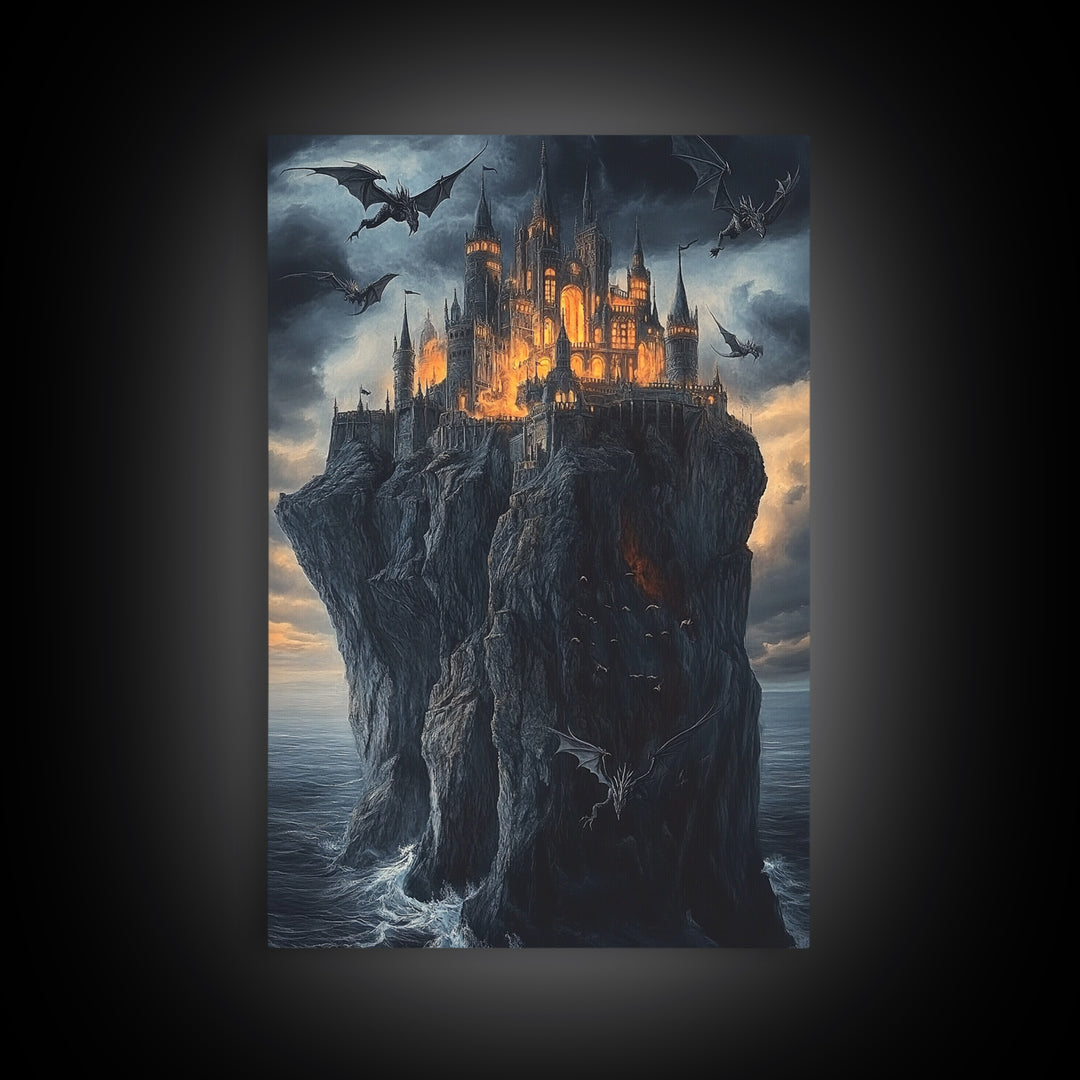 Gothic Dragon Castle On Sea Cliff Framed Canvas Print, Dark Fantasy Wall Art, Medieval Decor, Moody Castle Art Gift, Gothic Wall Decor