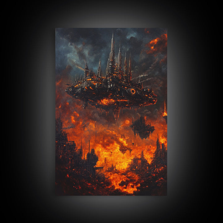 Fiery Dystopian Floating City Framed Canvas Print, Cyberpunk Wall Art, Dark Sci Fi Decor, Apocalyptic Fantasy Art, Poster